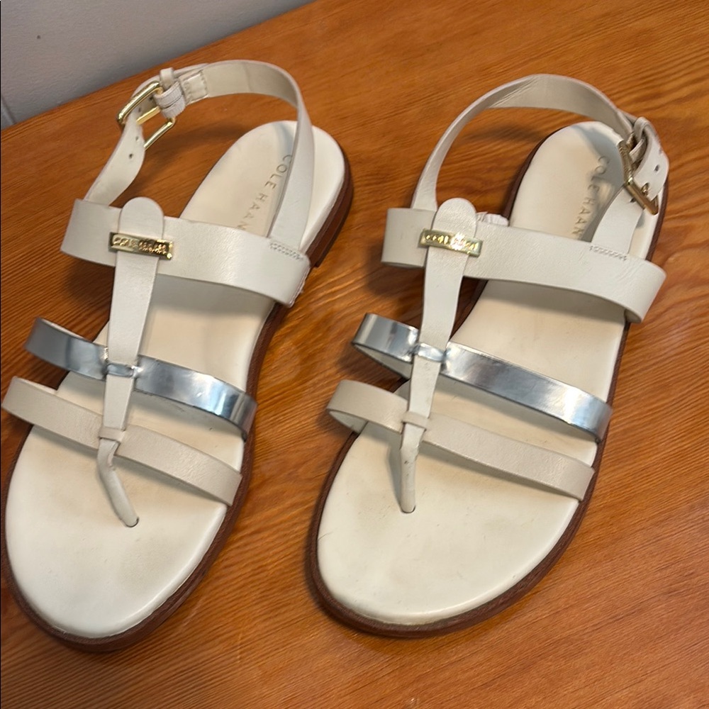 Cole Haan White and Silver Sandals with Geometric Straps